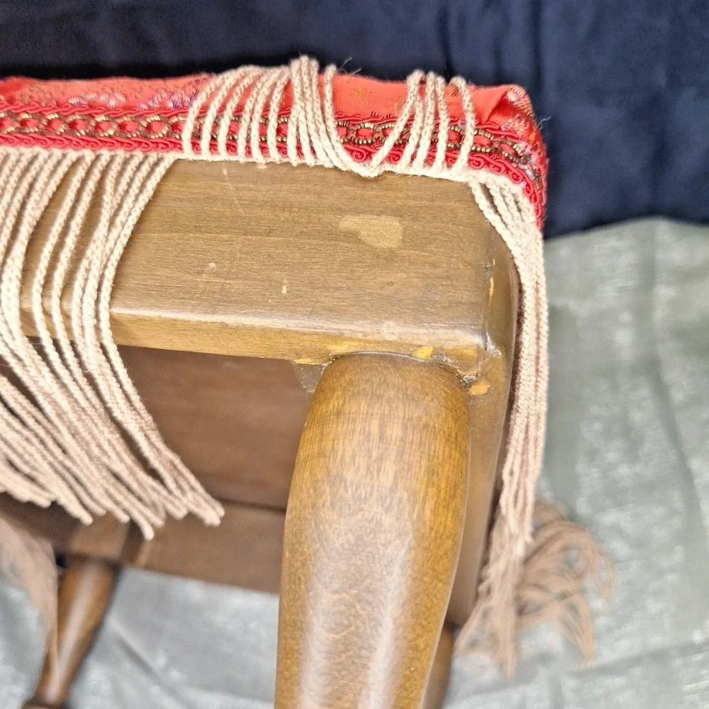 VTG Japanese Baroque‎ Red Long Fringe Upholstered Wood Footstool 14.5x10.5x8.5